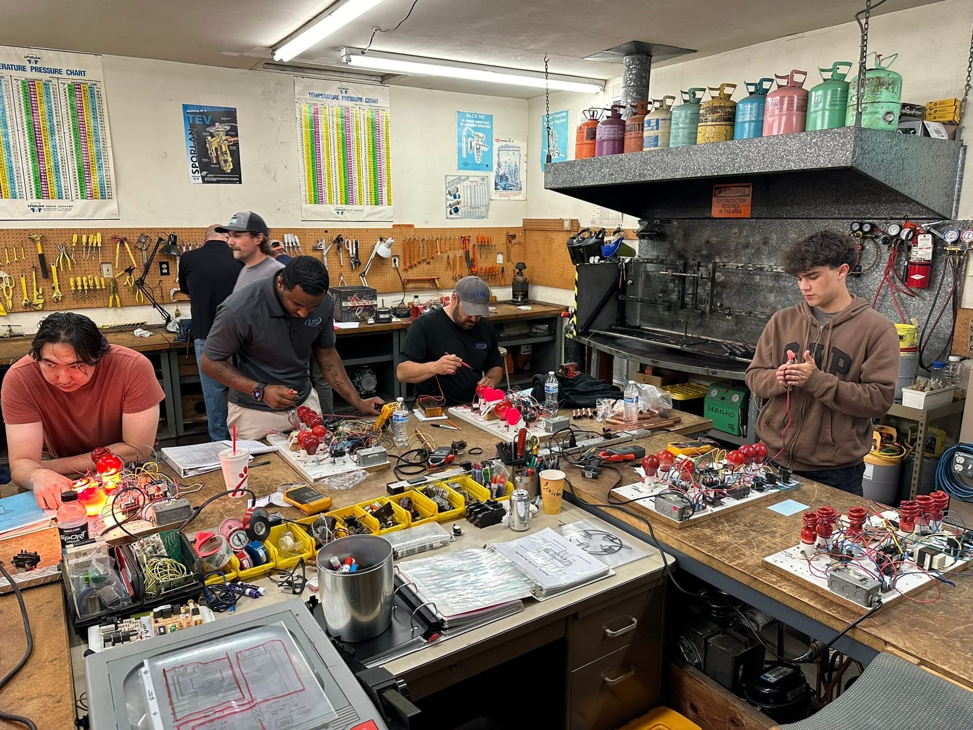Wide view of a live HVAC School class with students at training benches and real equipment in the Brier shop
